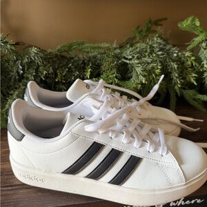Adidas White Sneakers with Black Stripes
